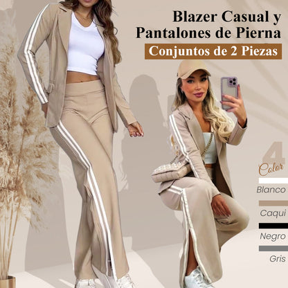 【Envío gratuito 44% de descuento🎁】🎀Conjunto informal de blazer con solapa de muesca y pantalón ancho para mujer🎀