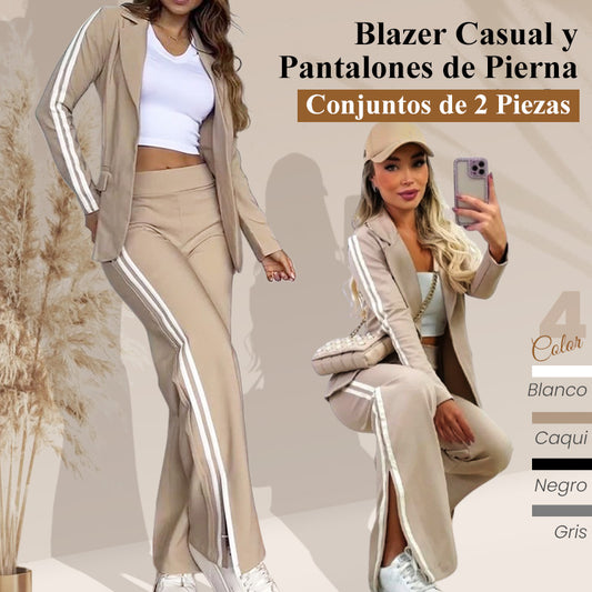 【Envío gratuito 44% de descuento🎁】🎀Conjunto informal de blazer con solapa de muesca y pantalón ancho para mujer🎀