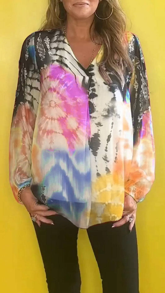 🔥2024 Venta caliente🔥Camisa casual de manga larga con estampado Tie-Dye de talla grande para mujer