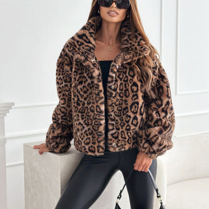 ❄️Ofertas de invierno❄️Abrigo corto esponjoso de mujer con estampado de leopardo