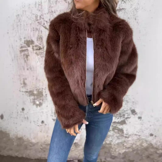 🔥Ofertas de otoño🔥Chaqueta casual de cuello alto con cremallera de piel sintética para mujer🧥