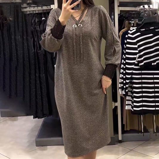 🔥Otoño/Invierno Hot Sale🔥Vestido de mujer con cuello en V y manga larga con cordón