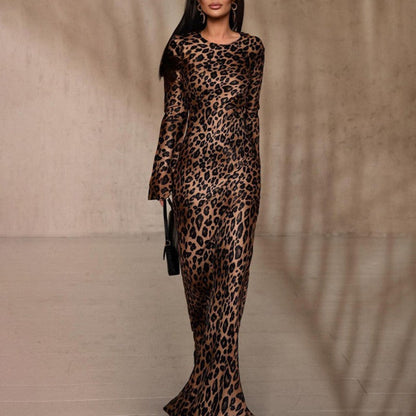 🐆👗Vestido Sexy de Leopardo para Mujer con Cuello Redondo y Mangas Extra Largas