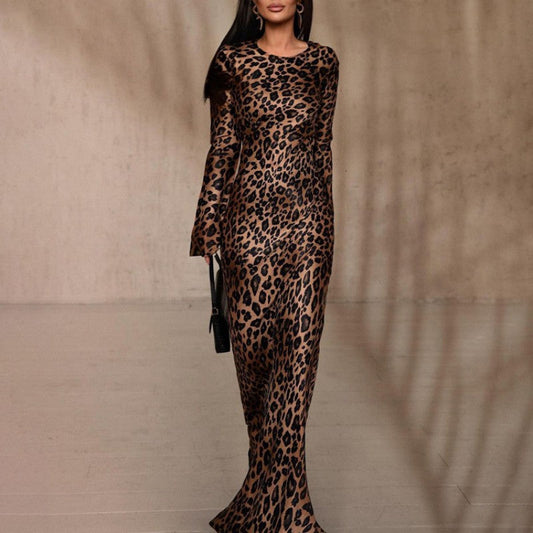 🐆👗Vestido Sexy de Leopardo para Mujer con Cuello Redondo y Mangas Extra Largas