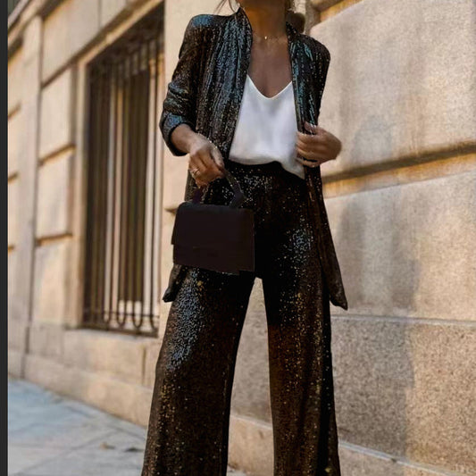 Sequin Open Front Top Wide Leg Pants Set✈️ free shipping