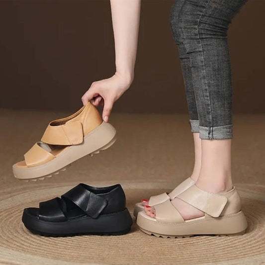 Sandalias de mujer con velcro y suela gruesa retro