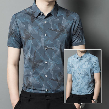 Camisa abotonada de seda helada elástica para hombre