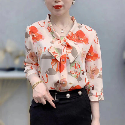 Camisa Lisa De Seda Floral De Moda