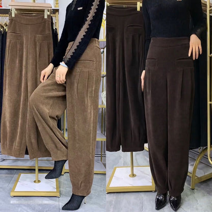 Pantalones de pana del harén plisados de cintura alta de mujeres de mujeres